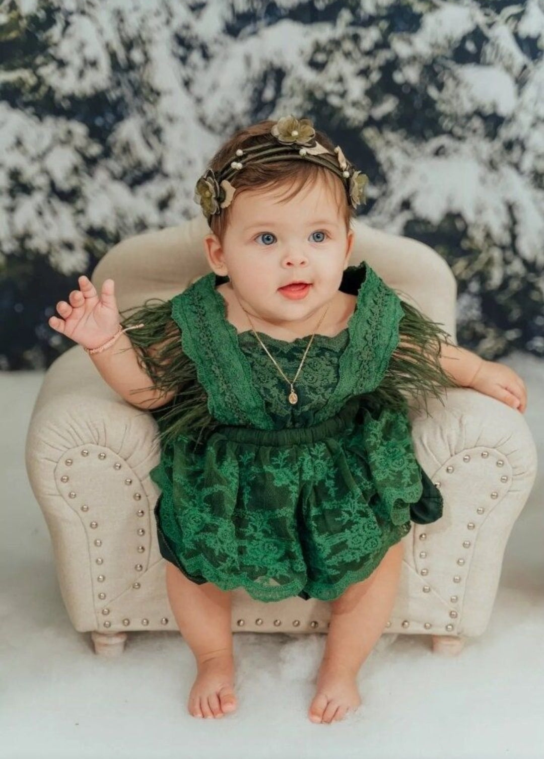 Forest Green Lace Romper with Feather Detail