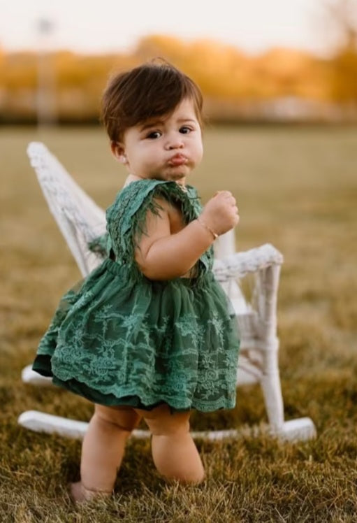 Forest Green Lace Romper with Feather Detail