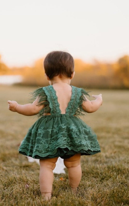 Forest Green Lace Romper with Feather Detail