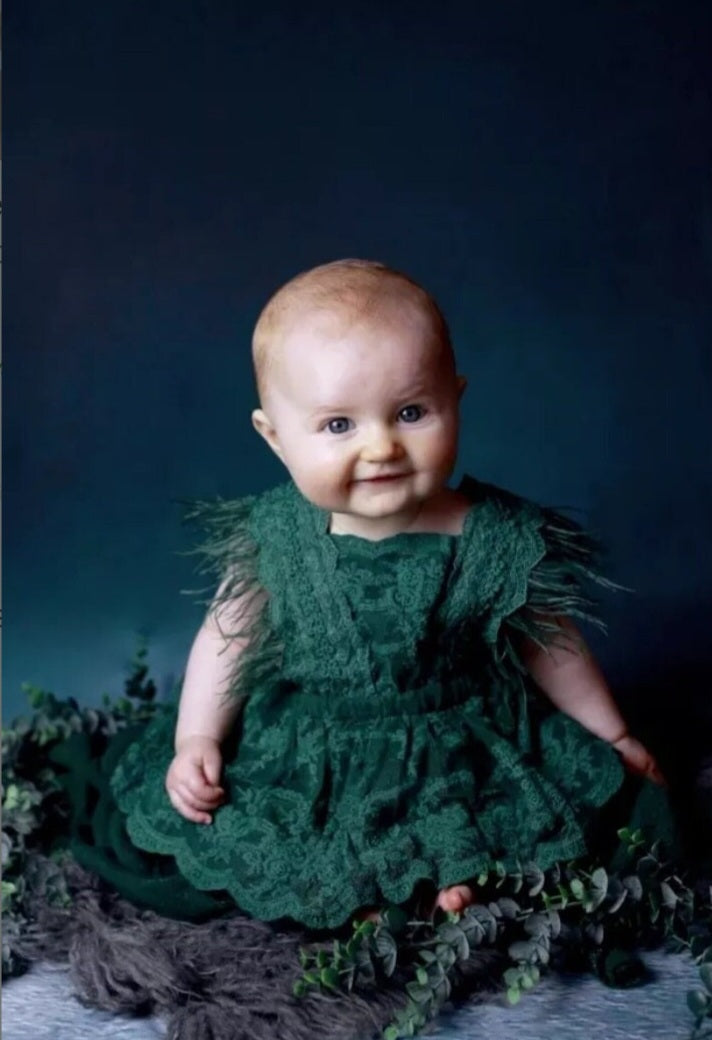 Forest Green Lace Romper with Feather Detail