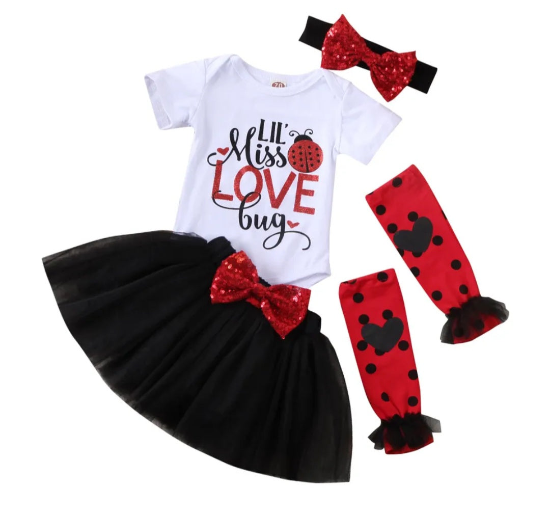 Lil' MISS LOVE Bug Romper,  Tutu,  Leggings and Headband 
 