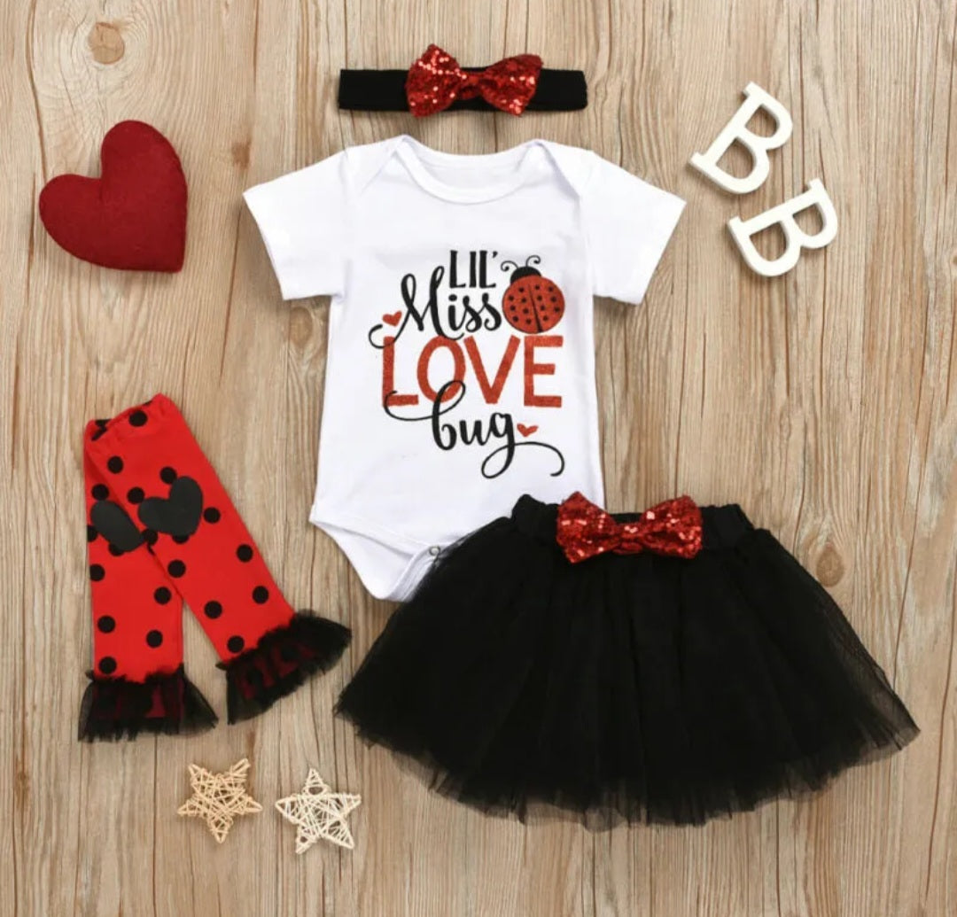 Lil' MISS LOVE Bug Romper,  Tutu,  Leggings and Headband 
 