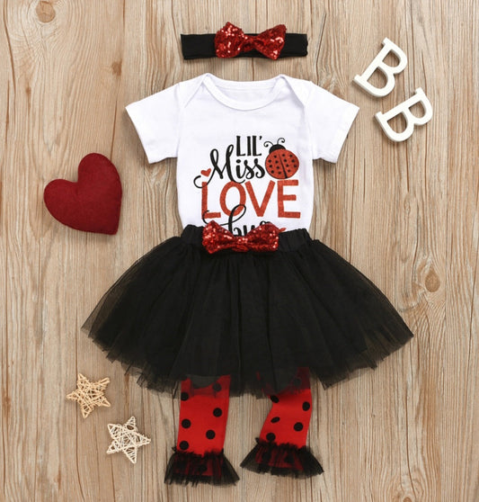 Lil' MISS LOVE Bug Romper,  Tutu,  Leggings and Headband 
 