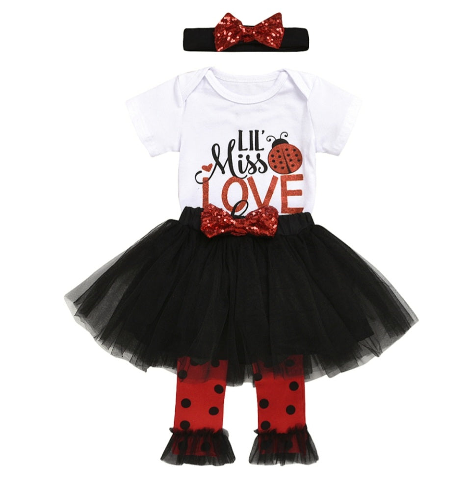 Lil' MISS LOVE Bug Romper,  Tutu,  Leggings and Headband 
 