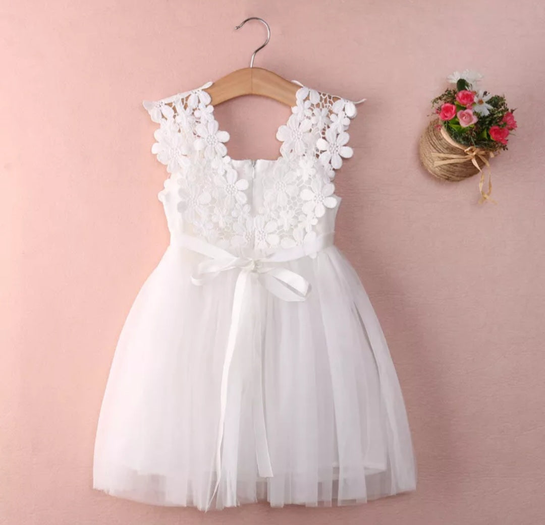 White Lace Dress with Floral Detail 