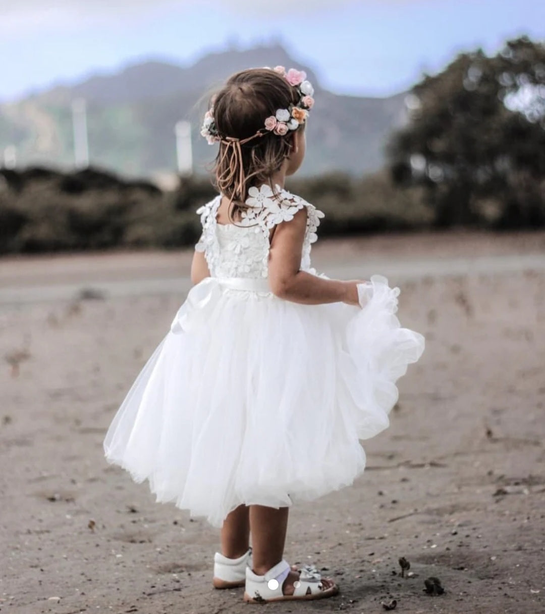 White Lace Dress with Floral Detail 