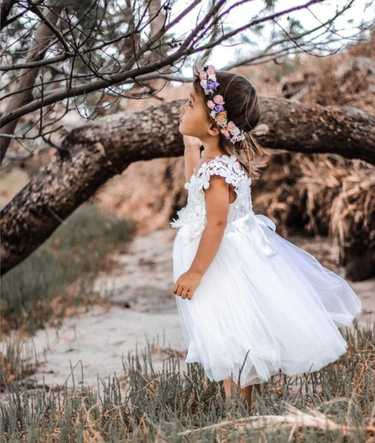 White Lace Dress with Floral Detail 