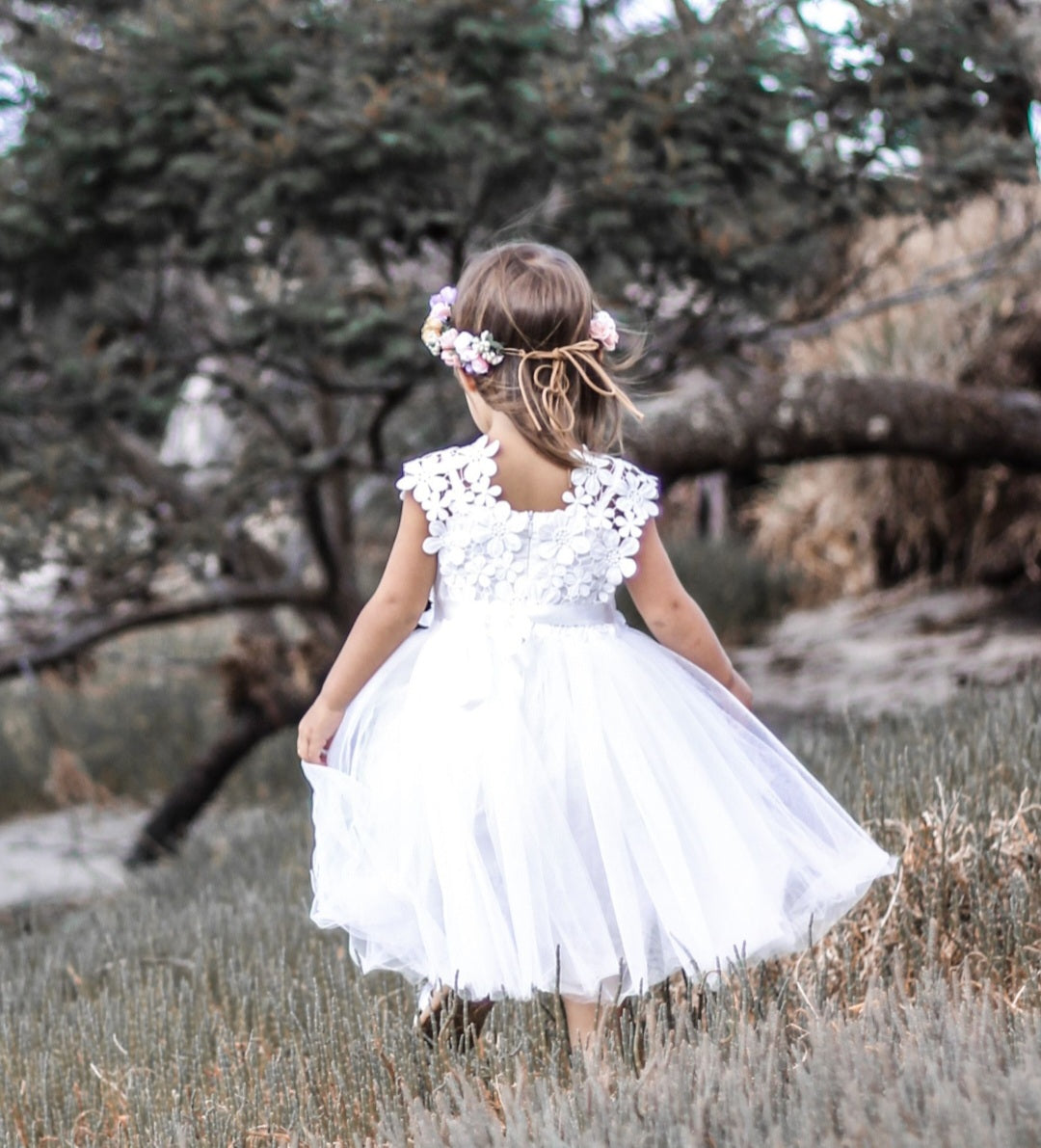 White Lace Dress with Floral Detail 