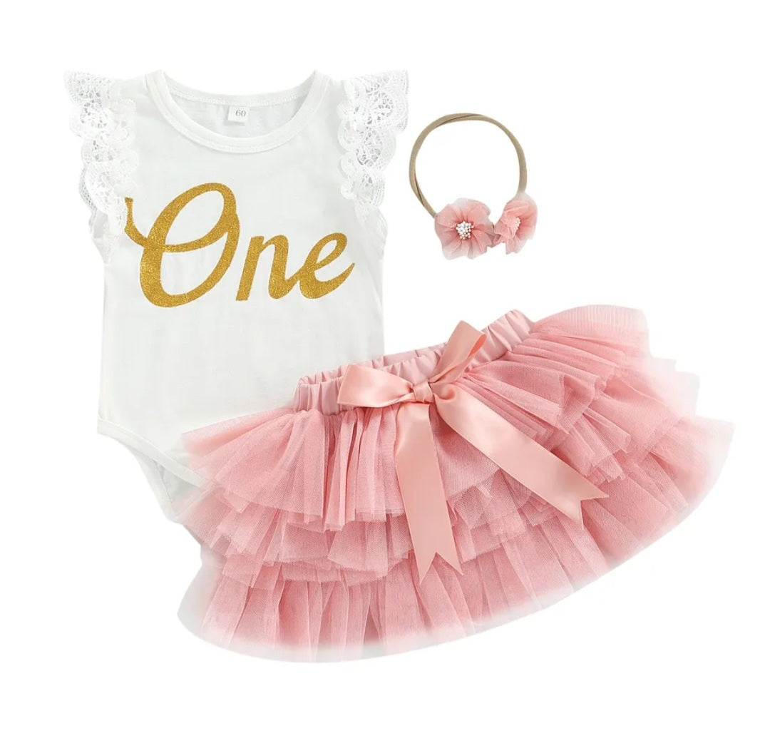 One Ruffle Lace Romper with Tutu Bloomer and Headband