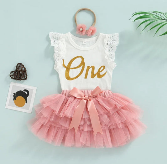 One Ruffle Lace Romper with Tutu Bloomer and Headband