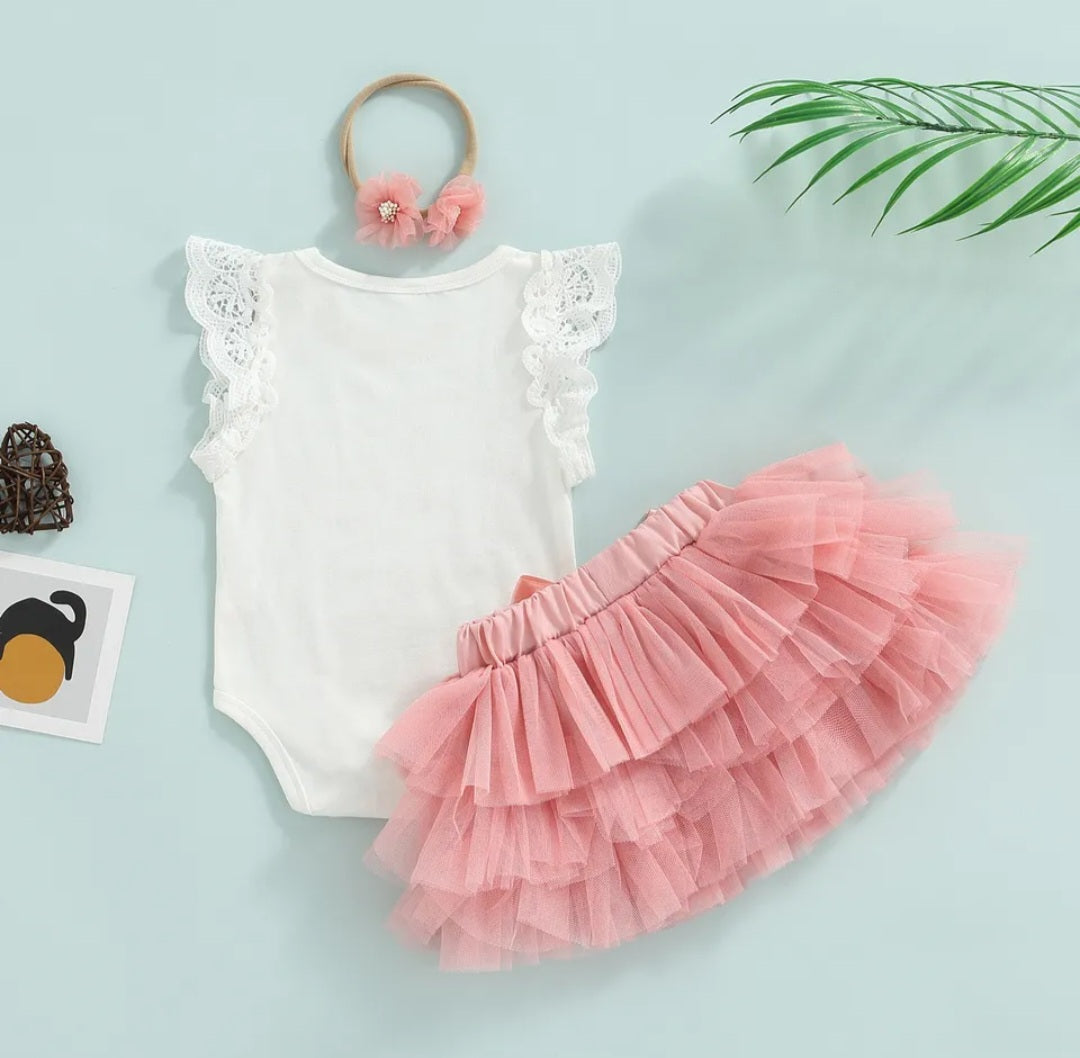 One Ruffle Lace Romper with Tutu Bloomer and Headband