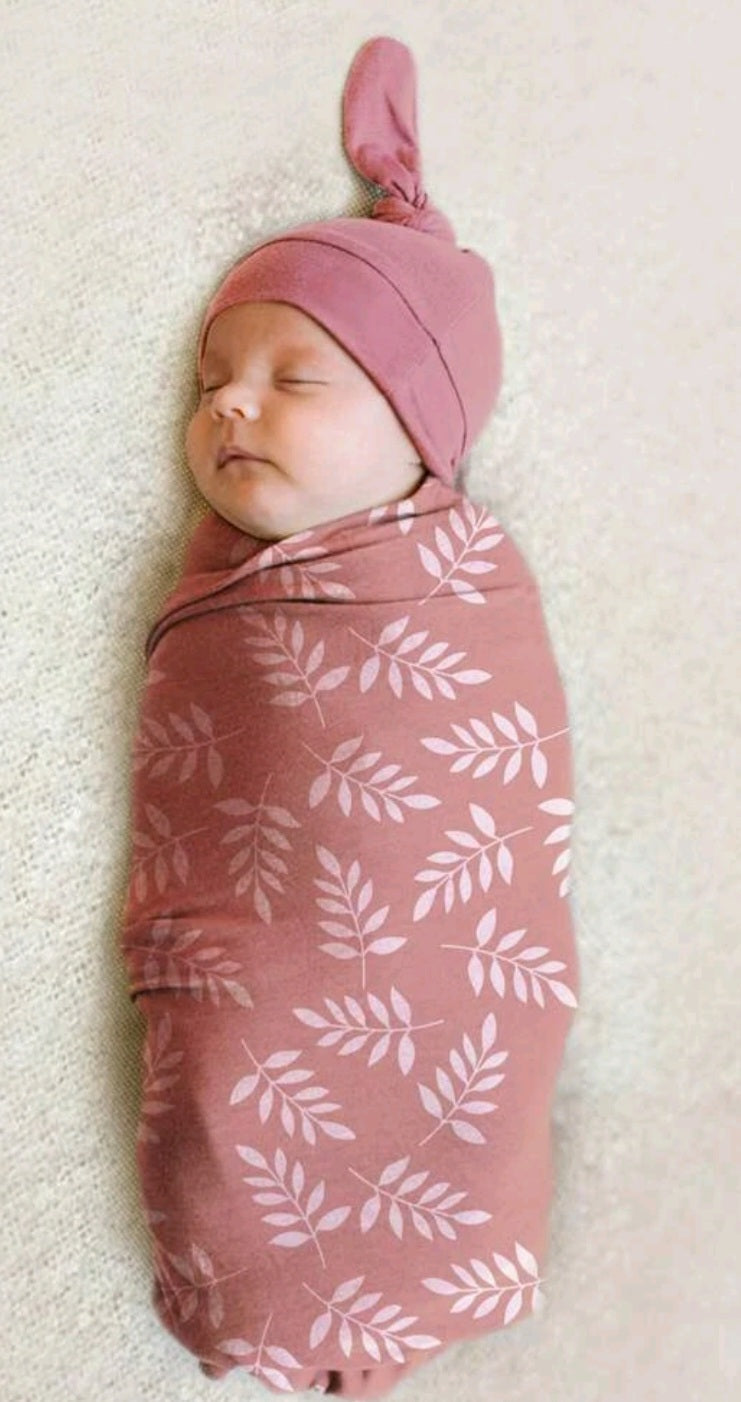 Dusty Pink Fern Swaddle and Pumpkin Hat