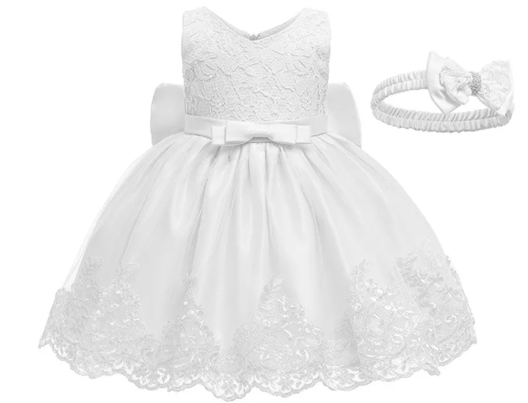 White Lace Dress and Headband with Diamante Detail