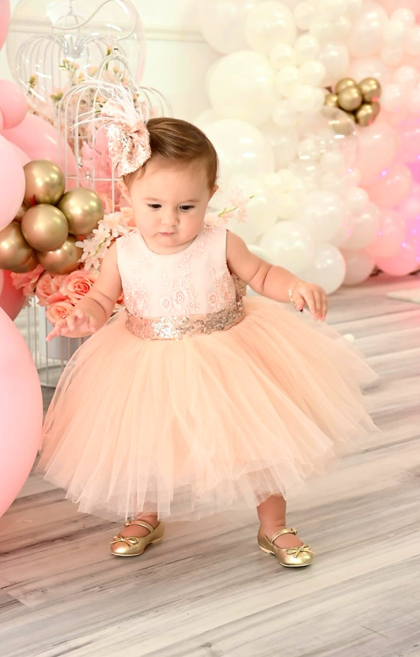<div style="padding-left: 30px;"></div>
Peachy Pink Lace Dress with Sequins Bow