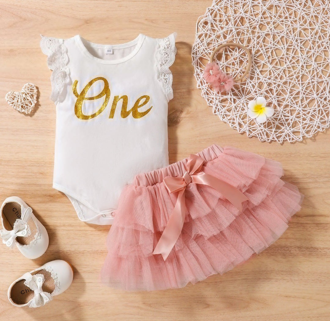 One Ruffle Lace Romper with Tutu Bloomer and Headband