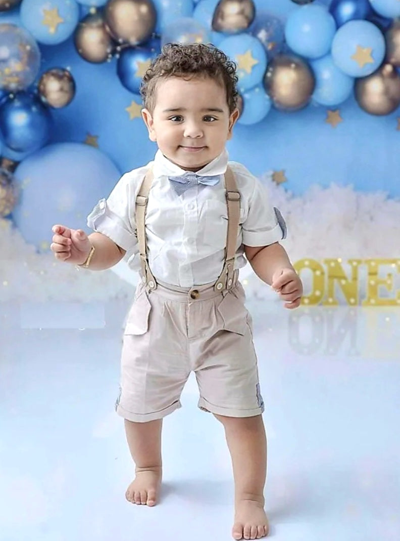 Gentleman Suit, White Shirt,  Bowtie, Chino Shorts And Suspenders