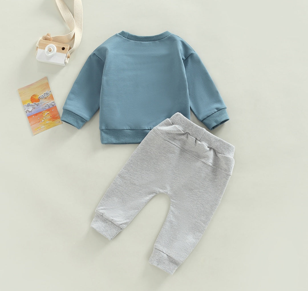 Petrol Blue LITTLE DUDE Crewnek Top and Gray Pants 2000331