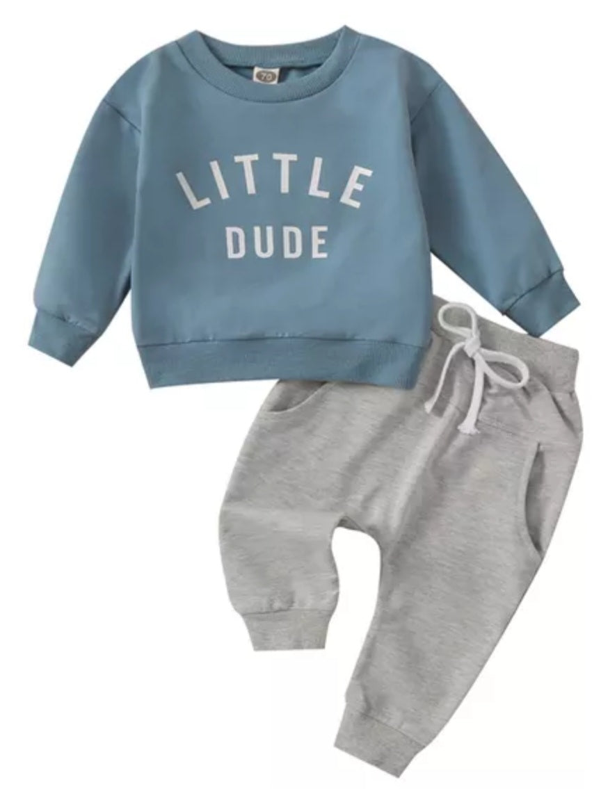 Petrol Blue LITTLE DUDE Crewnek Top and Gray Pants 2000331