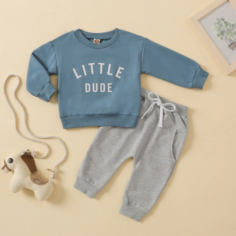Petrol Blue LITTLE DUDE Crewnek Top and Gray Pants 2000331
