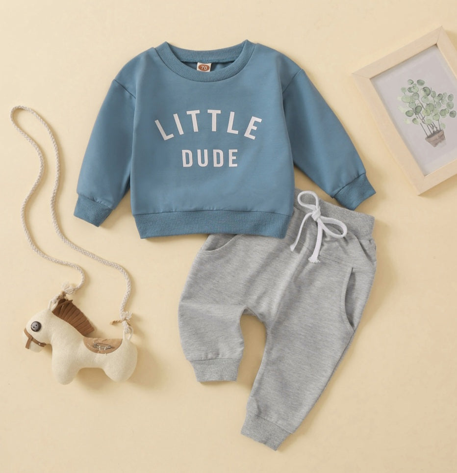 Petrol Blue LITTLE DUDE Crewnek Top and Gray Pants 2000331