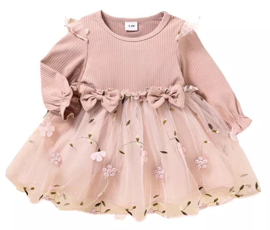 Ribbed Long Sleeve Dusty Pink Dress with Floral Detail 1001118