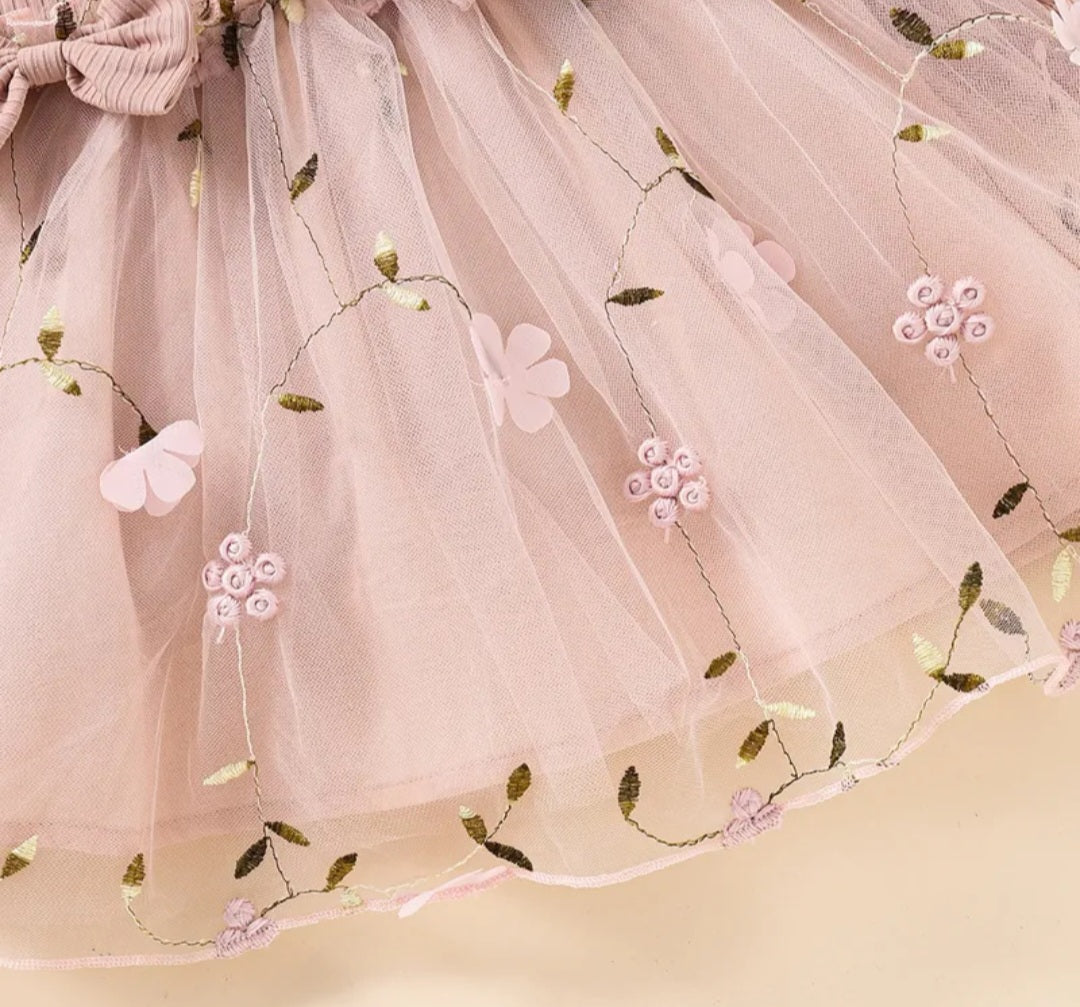 Ribbed Long Sleeve Dusty Pink Dress with Floral Detail 1001118