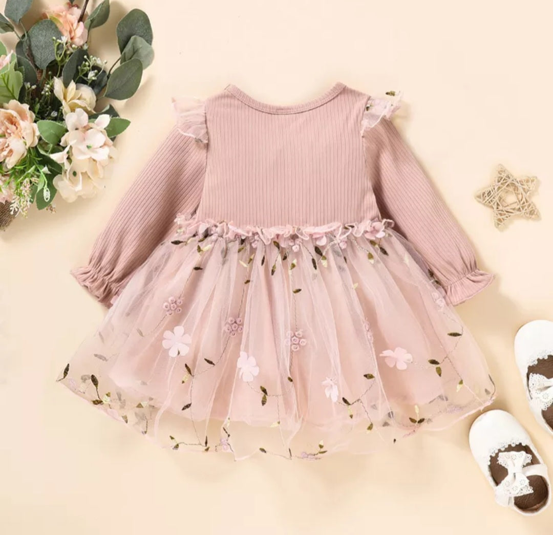 Ribbed Long Sleeve Dusty Pink Dress with Floral Detail 1001118