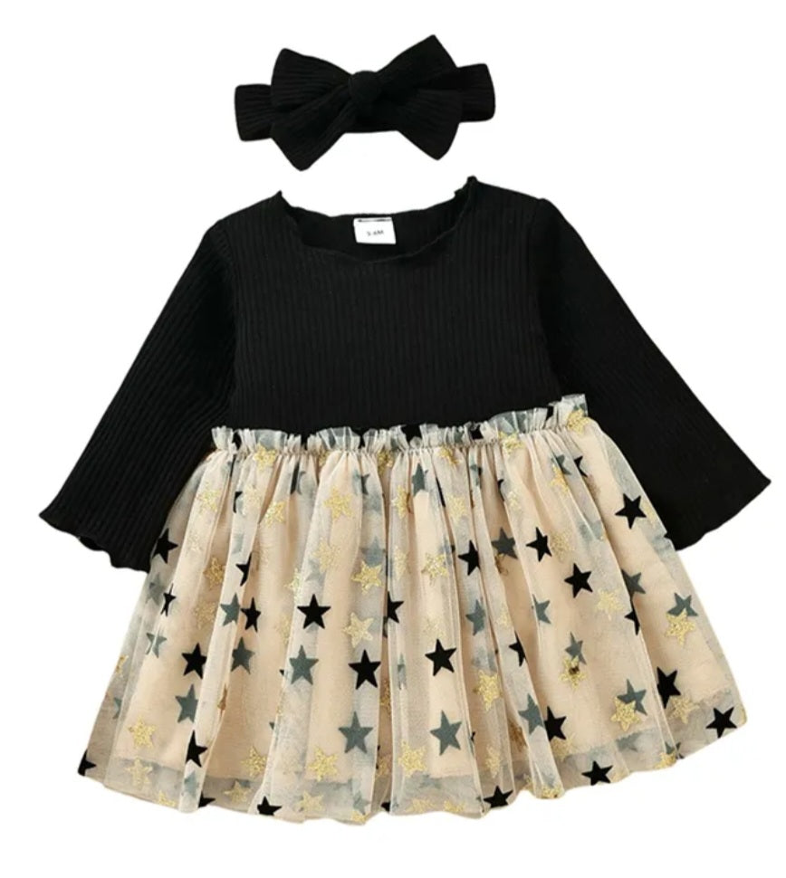 Long Sleeve Black and Gold Star Dress with Headband