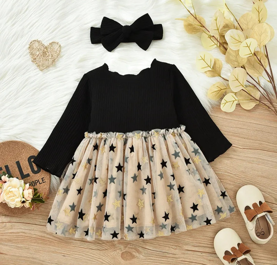 Long Sleeve Black and Gold Star Dress with Headband 1001112