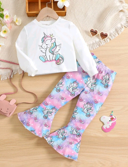 Unicorn Printed Long Sleeve Top and Bellbottoms (Pink and Blue)