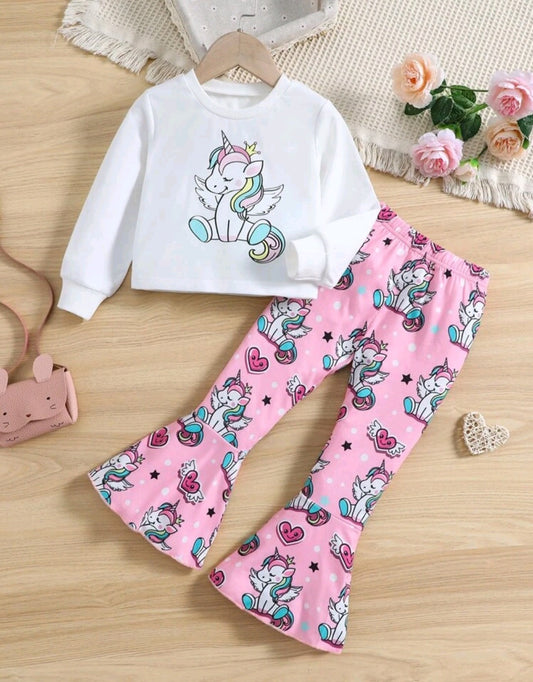 Unicorn Printed Top and Bellbottoms (pink)