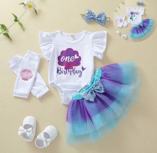 One, Under The Sea / Mermaid Romper with Tutu, Headband and Leg Warmers