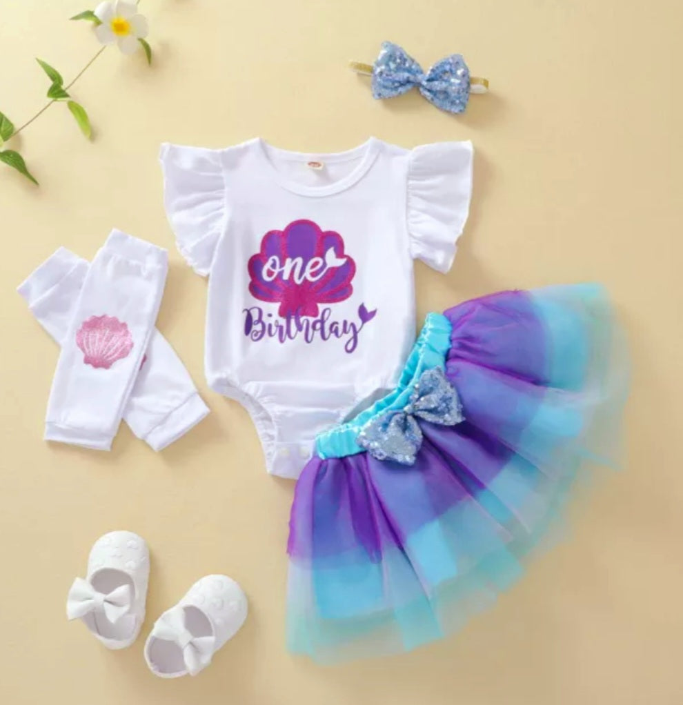 One, Under The Sea / Mermaid Romper with Tutu, Headband and Leg Warmers