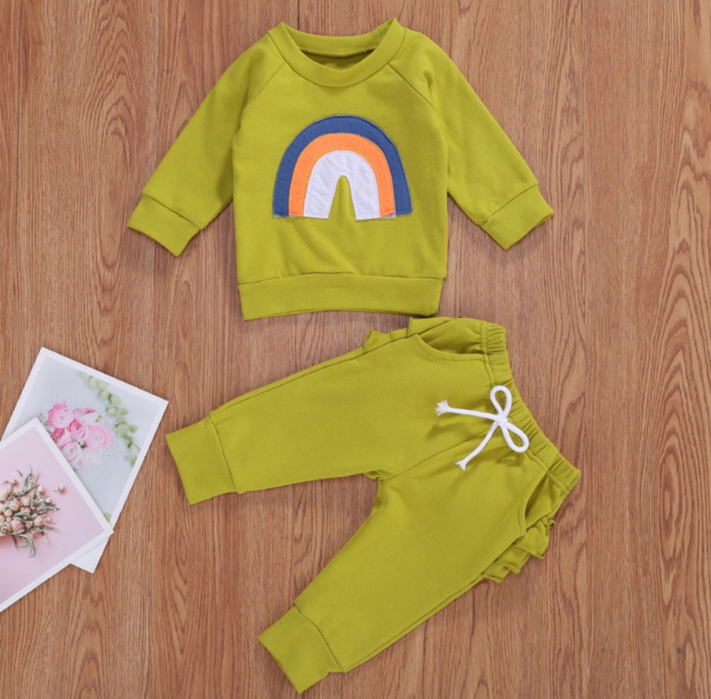 Lime Green Rainbow Crewnek Sweatshirt and Pants 1001121