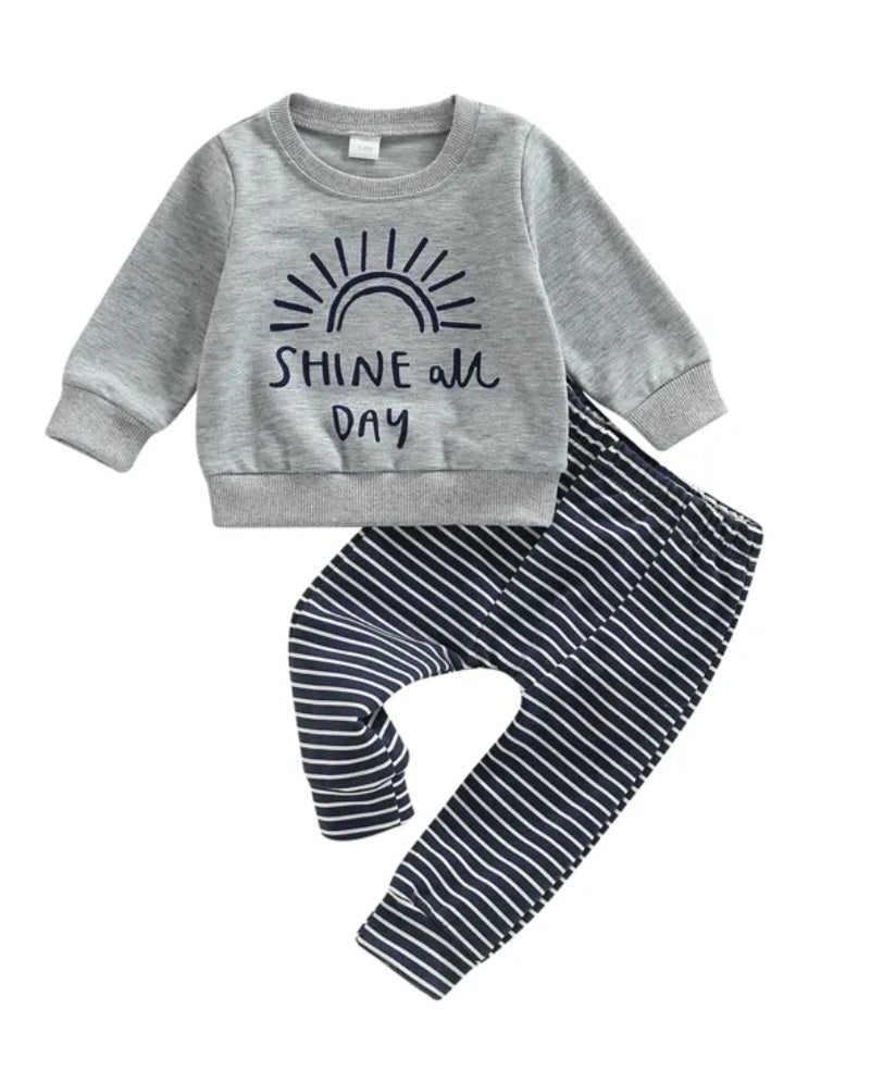 Shine All Day Gray Crewnek Top and Striped Pants