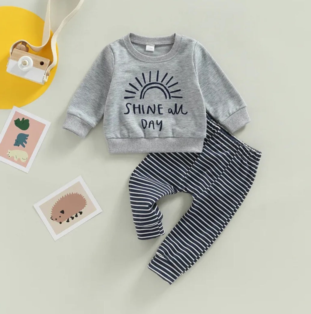 Shine All Day Gray Crewnek Top and Striped Pants