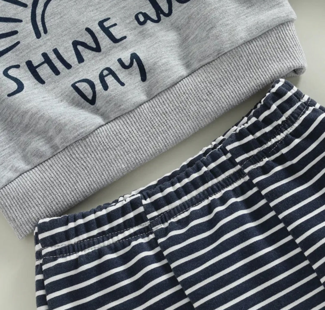 Shine All Day Gray Crewnek Top and Striped Pants