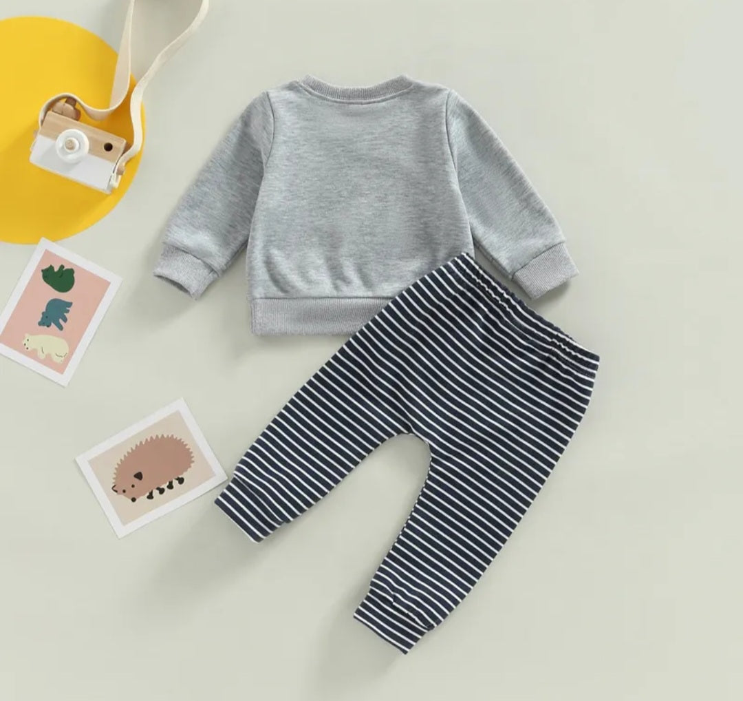 Shine All Day Gray Crewnek Top and Striped Pants