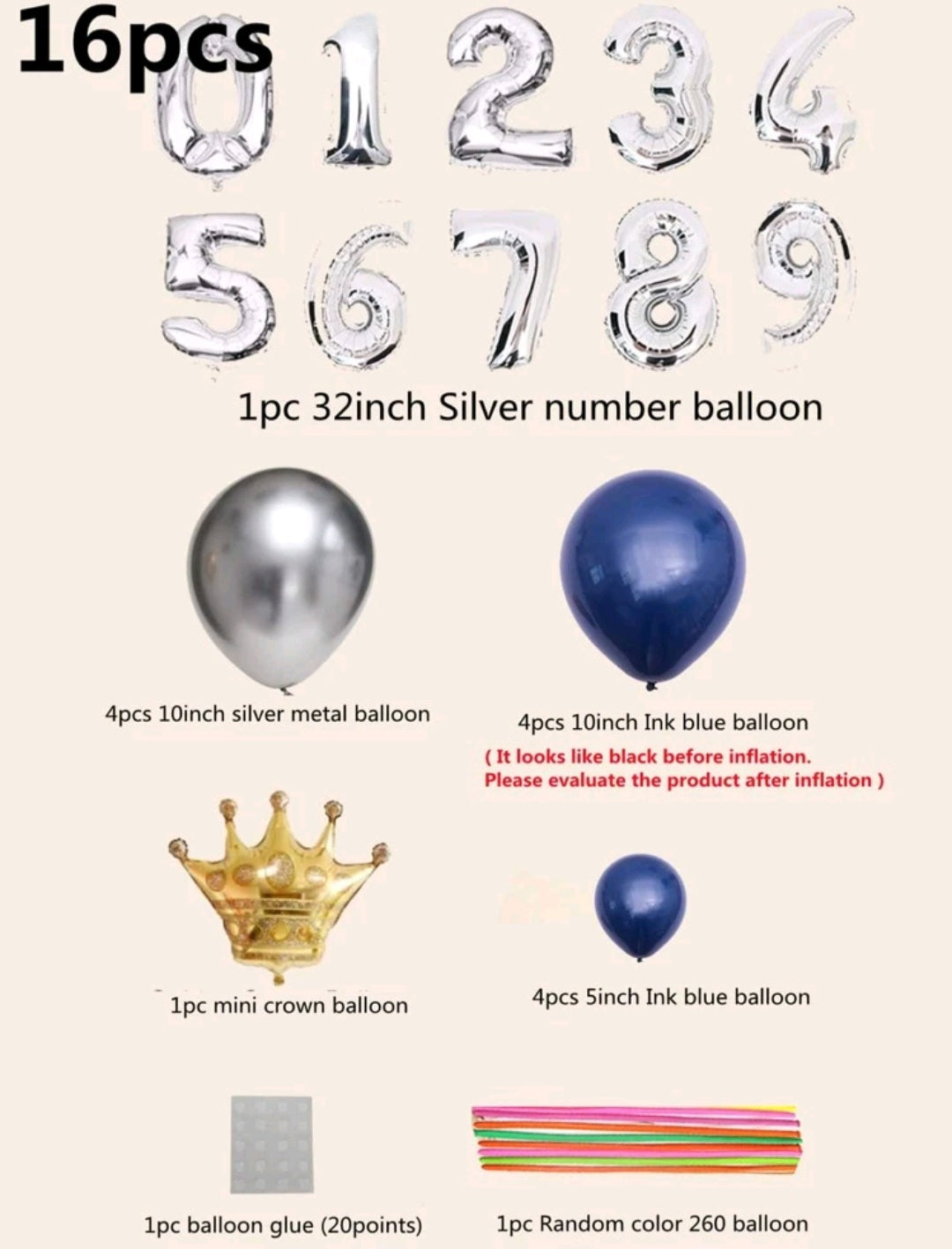 1,2 Navy, Silver and Gold 16PSC Balloon Set