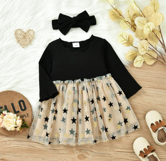 Long Sleeve Black and Gold Star Dress with Headband