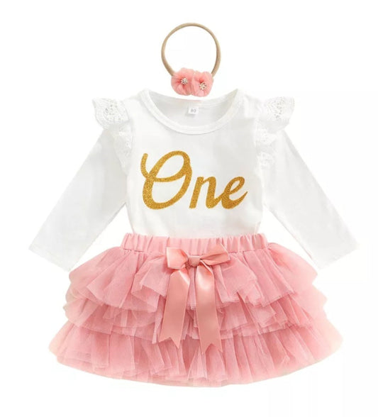 One Long Sleeve,  Lace Fly-Sleeve Romper with Tutu Bloomer and Headband 