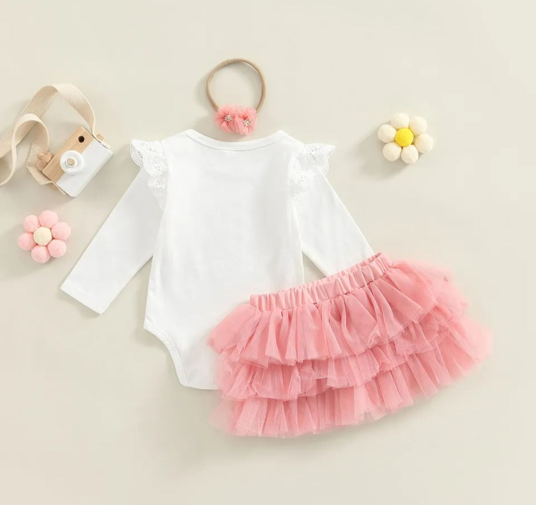 One Long Sleeve,  Lace Fly-Sleeve Romper with Tutu Bloomer and Headband 