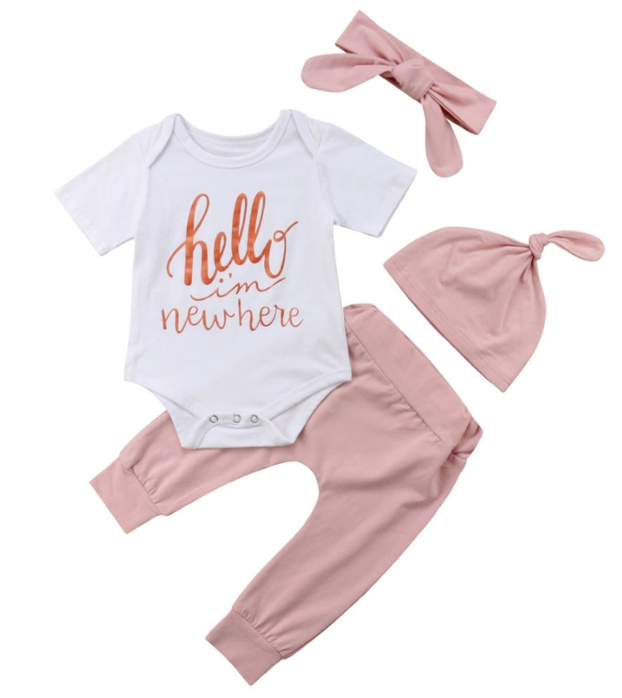 Hello I'm New Here Romper, High Waisted Pants, Headband and Pumpkin Hat 900029