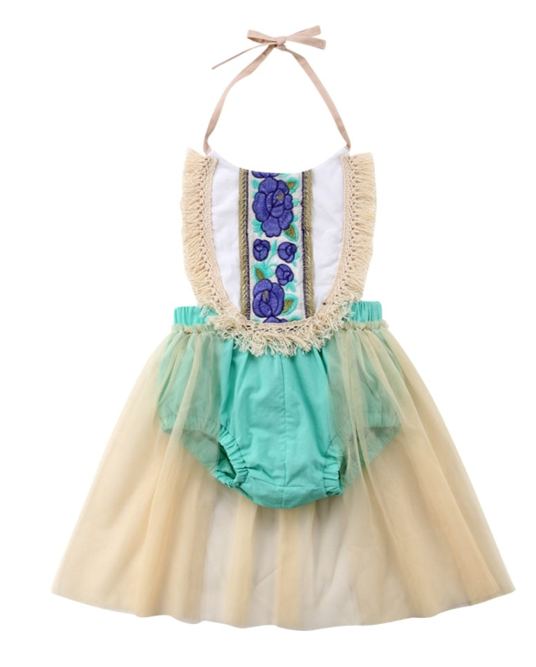 Teal Floral Romper with Romantic Tutu