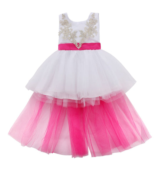 White Dress  with Cerise Pink Tulle Train