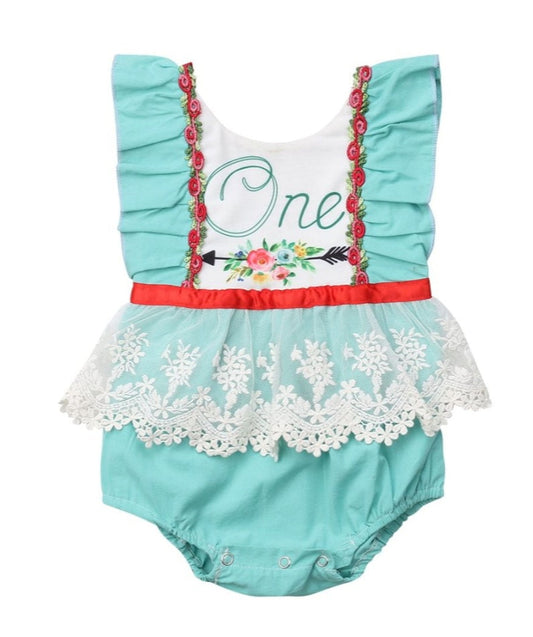 Teal First Birthday Romper 900045