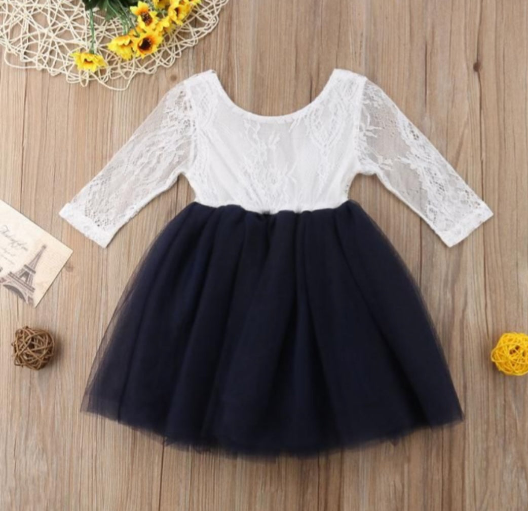 Navy and White Long Sleeve Lace Dress 900034
