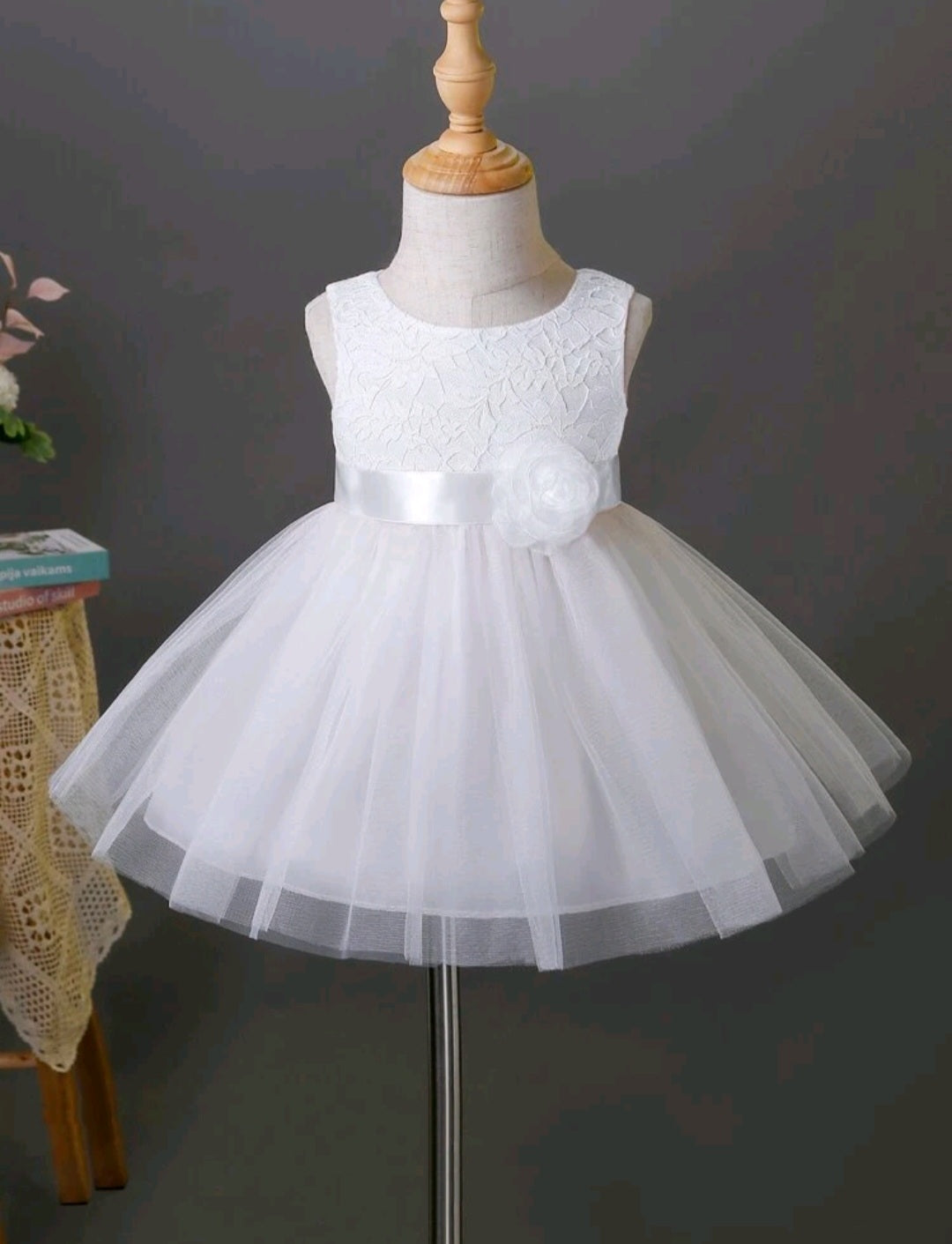 White Lace Dress with Bow and Tulle Bell 1001128