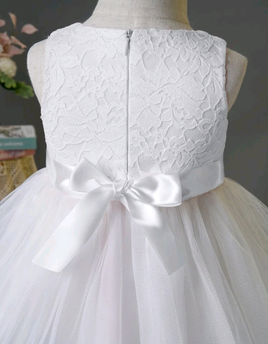 White Lace Dress with Bow and Tulle Bell