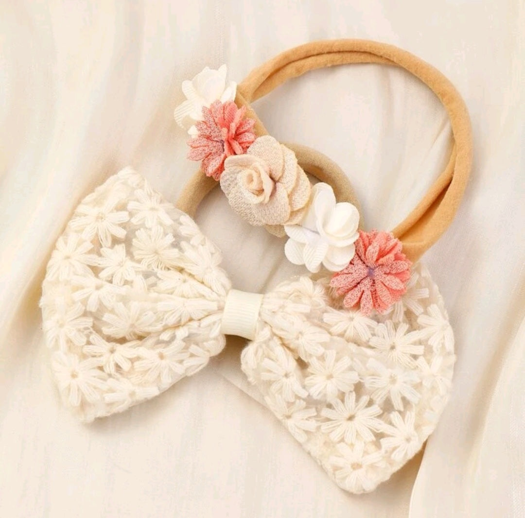 Lace bow Headband and Floral Headband Cream